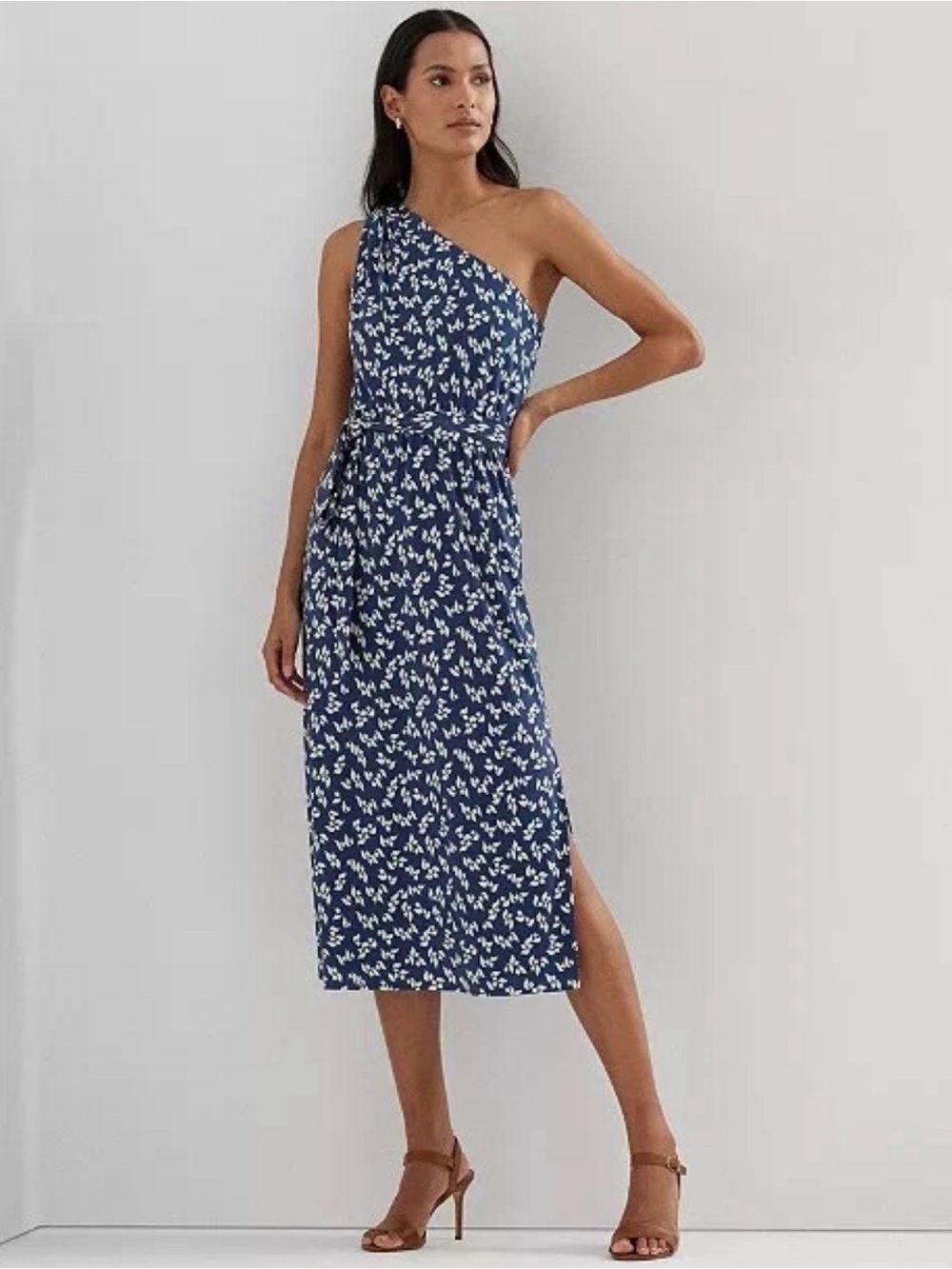 Ralph Lauren Navy One-Shoulder Floral Tie-Waist Midi Dress